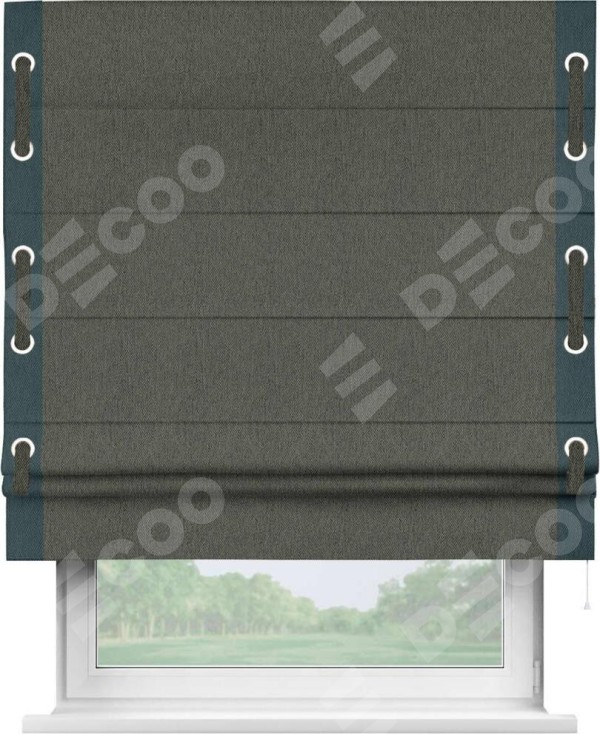 Римская штора «Кортин» с кантом Стрим Дуо (люверсы с пояском), для проема, ткань твид блэкаут, тёмно-серый