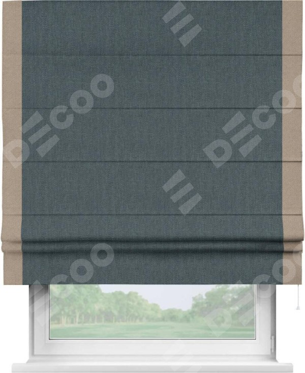 Римская штора «Кортин» с кантом Стрим Дуо, для проема, ткань лён димаут, серо-синий