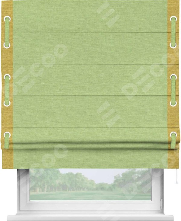 Римская штора «Кортин» с кантом Стрим Дуо (люверсы с пояском), для проема, ткань лён зеленый