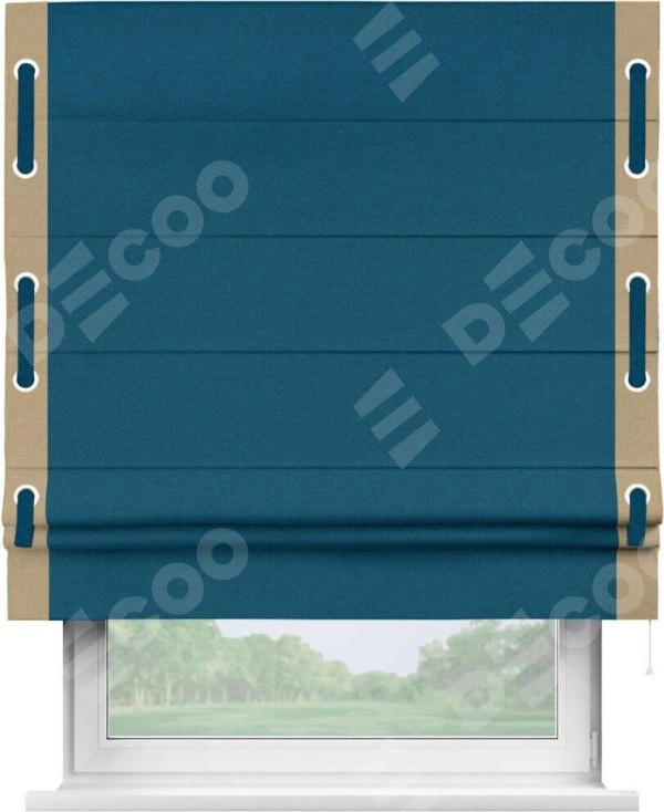 Римская штора «Кортин» с кантом Стрим Дуо (люверсы с пояском), для проема, ткань лён димаут, синий