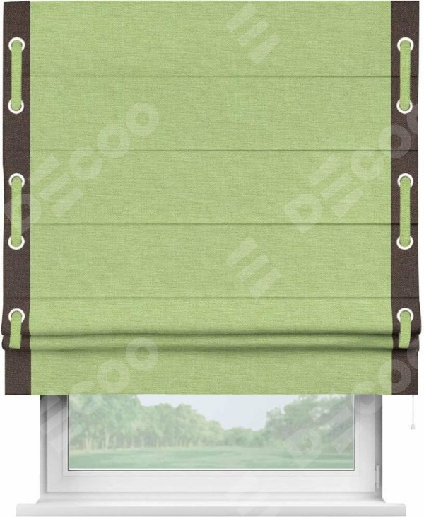 Римская штора «Кортин» с кантом Стрим Дуо (люверсы с пояском), для проема, ткань лён зеленый