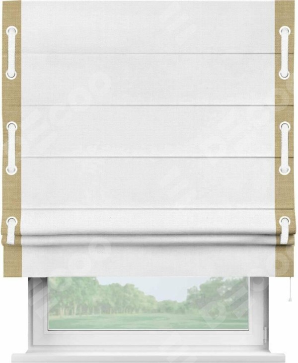 Римская штора «Кортин» с кантом Стрим Дуо (люверсы с пояском), для проема, ткань лён белый