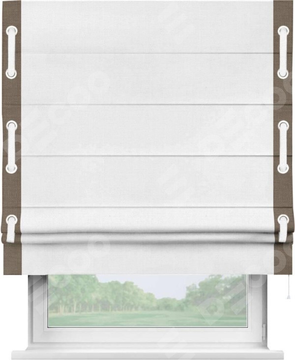 Римская штора «Кортин» с кантом Стрим Дуо (люверсы с пояском), для проема, ткань лён белый