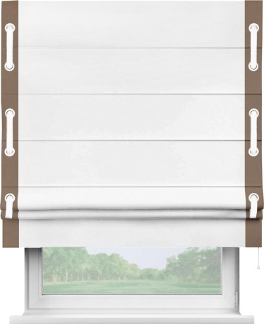 Римская штора «Кортин» для проёма, вайтаут однотонная белая с кантом Стрим Дуо (люверсы с пояском)