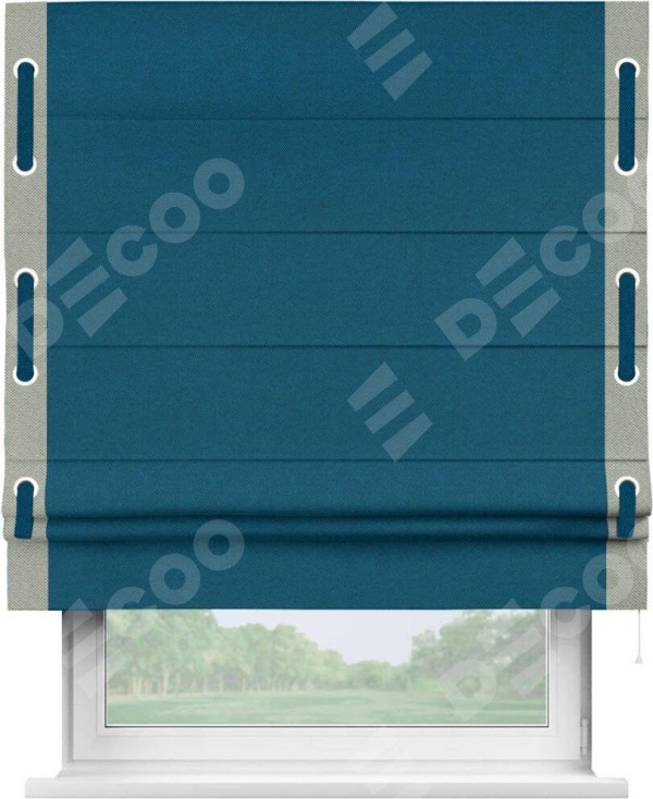 Римская штора «Кортин» с кантом Стрим Дуо (люверсы с пояском), для проема, ткань лён димаут, синий